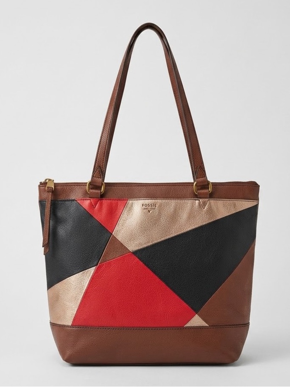 Fossil Colorblock Patchwork Leather Shoulder Tote Bag Brown Black Red Metallic